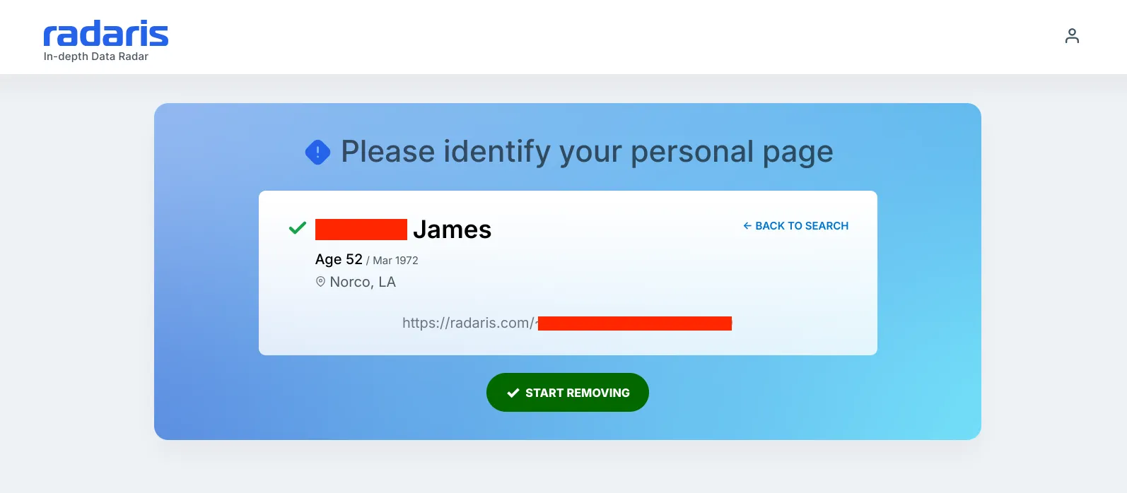 Radaris opt out process confirm your profile page Screenshot of the Radaris opt out process asking you to confirm your personal page